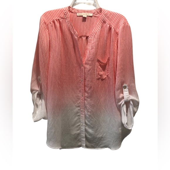 Good Days Ahead XL Pink White Stripe Ombré Button Up Blouse Long Sleeve - Picture 1 of 6
